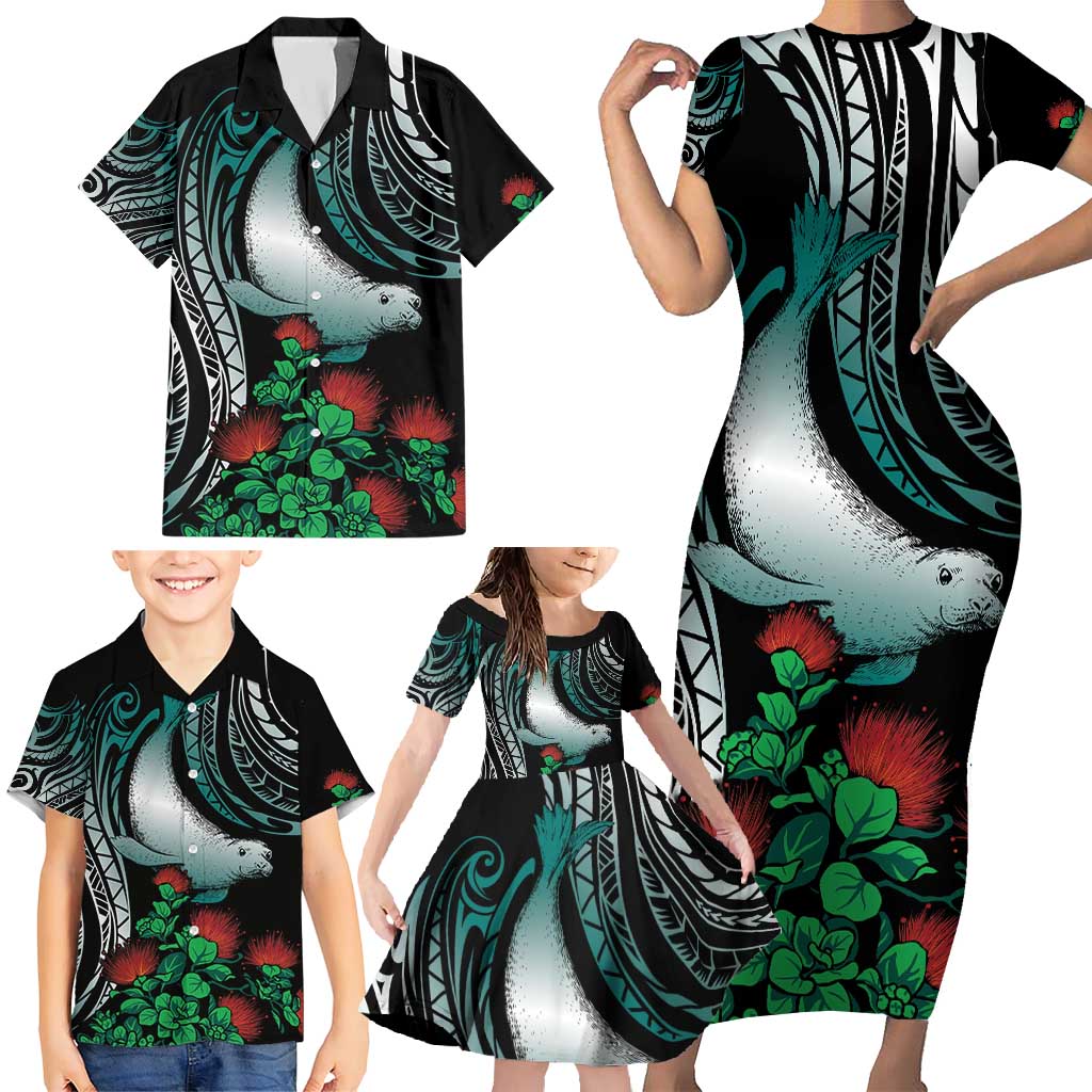 Aloha Hawaii Monk Seal Family Matching Short Sleeve Bodycon Dress and Hawaiian Shirt Mix Ohia Lehua LT7 - Polynesian Pride