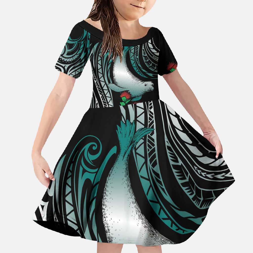 Aloha Hawaii Monk Seal Family Matching Tank Maxi Dress and Hawaiian Shirt Mix Ohia Lehua LT7 Daughter's Dress Teal - Polynesian Pride