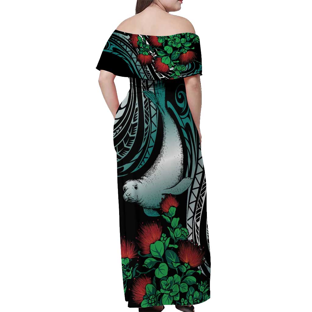 Aloha Hawaii Monk Seal Off Shoulder Maxi Dress Mix Ohia Lehua