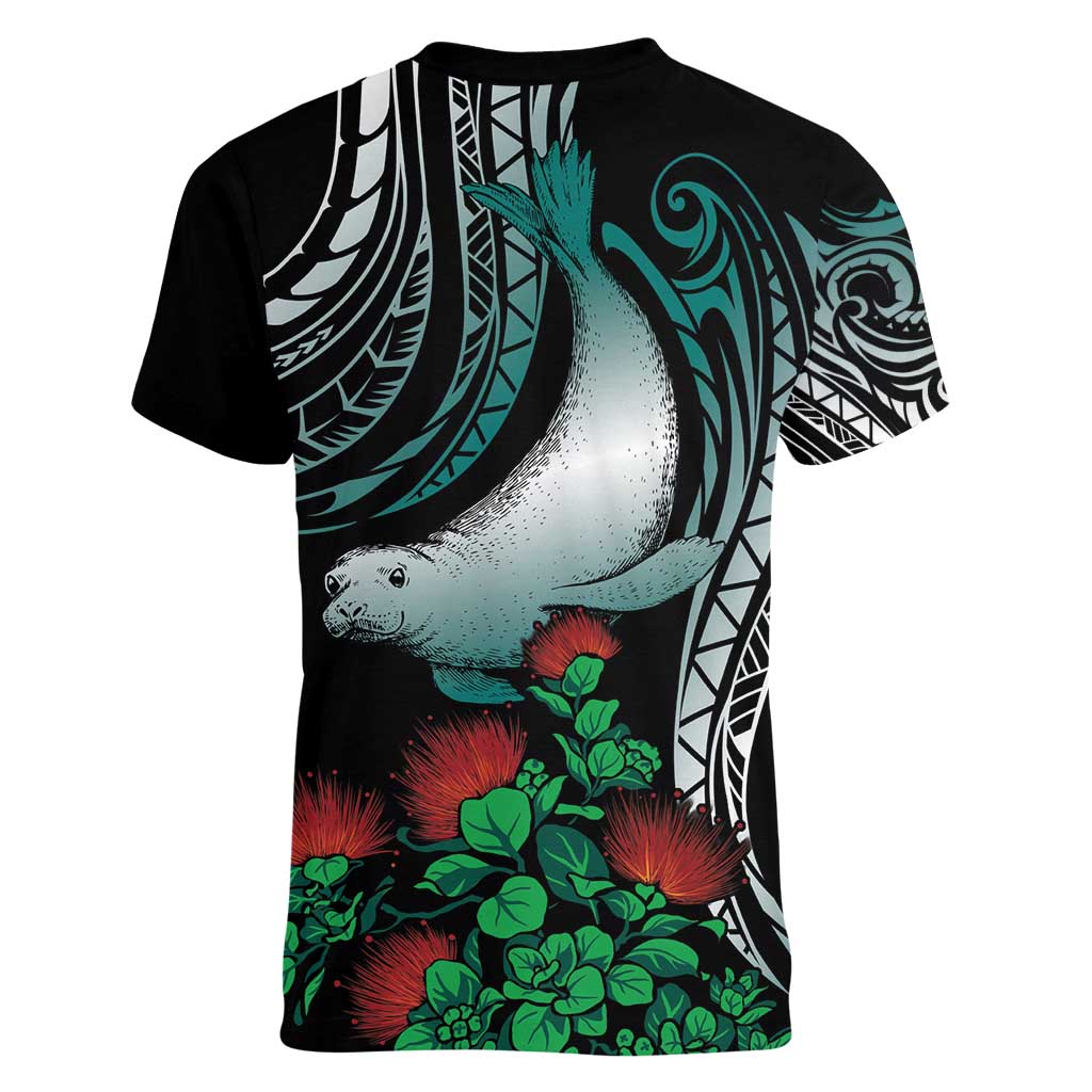 Aloha Hawaii Monk Seal Women V-Neck T-Shirt Mix Ohia Lehua