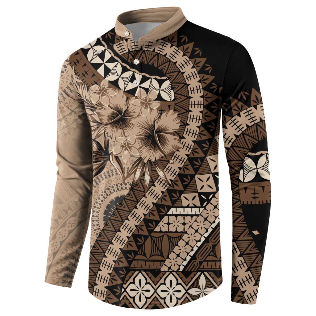 Bula Fiji Button Sweatshirt Mocha Brown Kaivity Masi Tapa