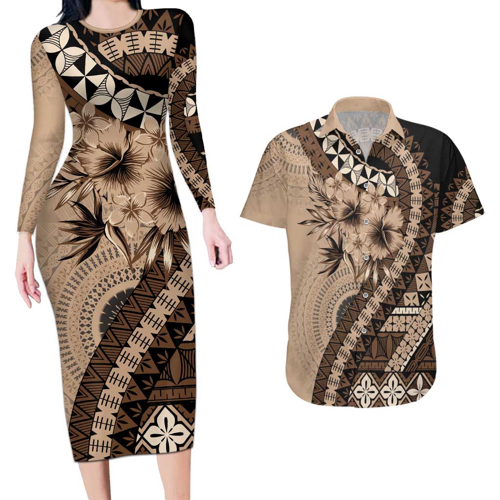 Bula Fiji Couples Matching Long Sleeve Bodycon Dress and Hawaiian Shirt Mocha Brown Kaivity Masi Tapa LT7 Brown - Polynesian Pride