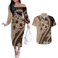 Bula Fiji Couples Matching Off The Shoulder Long Sleeve Dress and Hawaiian Shirt Mocha Brown Kaivity Masi Tapa LT7 Brown - Polynesian Pride
