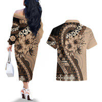 Bula Fiji Couples Matching Off The Shoulder Long Sleeve Dress and Hawaiian Shirt Mocha Brown Kaivity Masi Tapa LT7 - Polynesian Pride