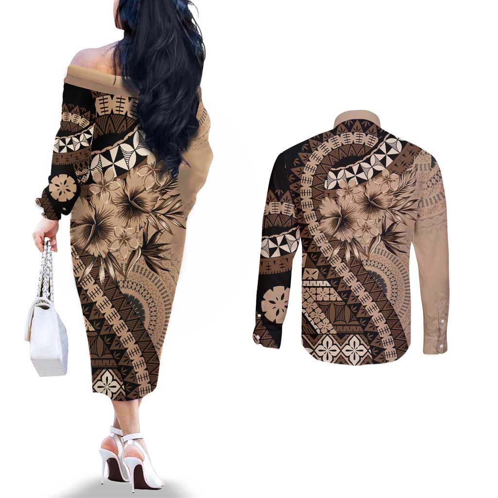 Bula Fiji Couples Matching Off The Shoulder Long Sleeve Dress and Long Sleeve Button Shirt Mocha Brown Kaivity Masi Tapa