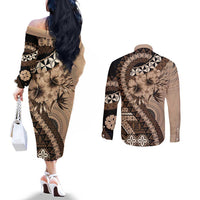Bula Fiji Couples Matching Off The Shoulder Long Sleeve Dress and Long Sleeve Button Shirt Mocha Brown Kaivity Masi Tapa