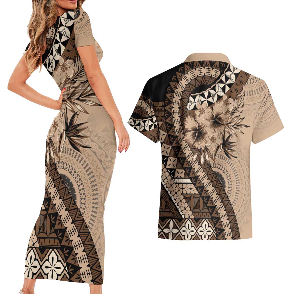 Bula Fiji Couples Matching Short Sleeve Bodycon Dress and Hawaiian Shirt Mocha Brown Kaivity Masi Tapa LT7 - Polynesian Pride