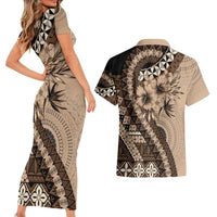 Bula Fiji Couples Matching Short Sleeve Bodycon Dress and Hawaiian Shirt Mocha Brown Kaivity Masi Tapa LT7 - Polynesian Pride