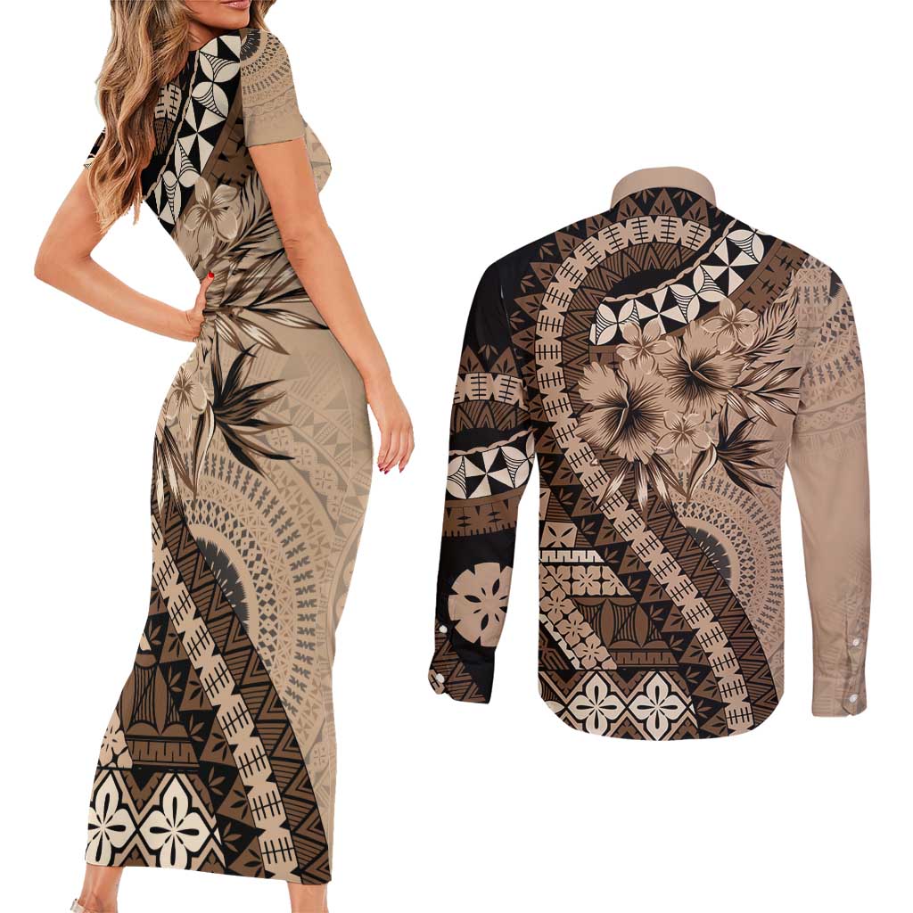 Bula Fiji Couples Matching Short Sleeve Bodycon Dress and Long Sleeve Button Shirt Mocha Brown Kaivity Masi Tapa