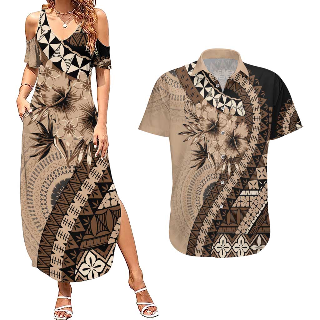 Bula Fiji Couples Matching Summer Maxi Dress and Hawaiian Shirt Mocha Brown Kaivity Masi Tapa