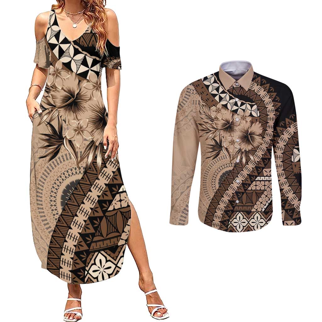 Bula Fiji Couples Matching Summer Maxi Dress and Long Sleeve Button Shirt Mocha Brown Kaivity Masi Tapa