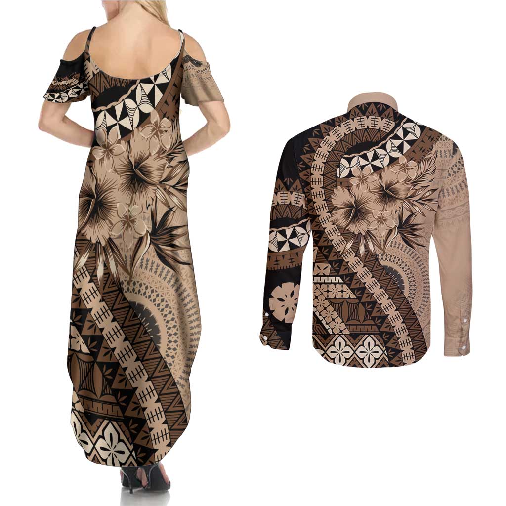 Bula Fiji Couples Matching Summer Maxi Dress and Long Sleeve Button Shirt Mocha Brown Kaivity Masi Tapa