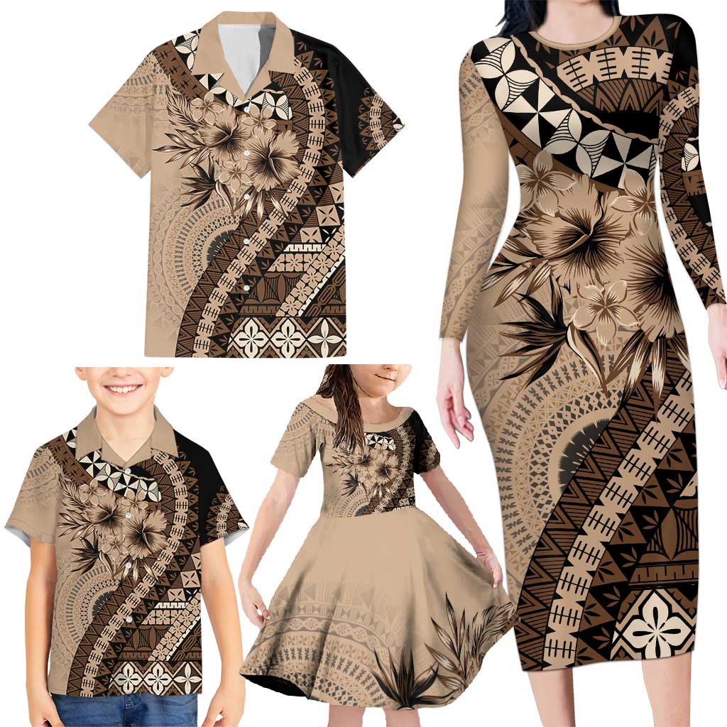 Bula Fiji Family Matching Long Sleeve Bodycon Dress and Hawaiian Shirt Mocha Brown Kaivity Masi Tapa LT7 - Polynesian Pride