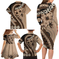 Bula Fiji Family Matching Long Sleeve Bodycon Dress and Hawaiian Shirt Mocha Brown Kaivity Masi Tapa LT7 - Polynesian Pride