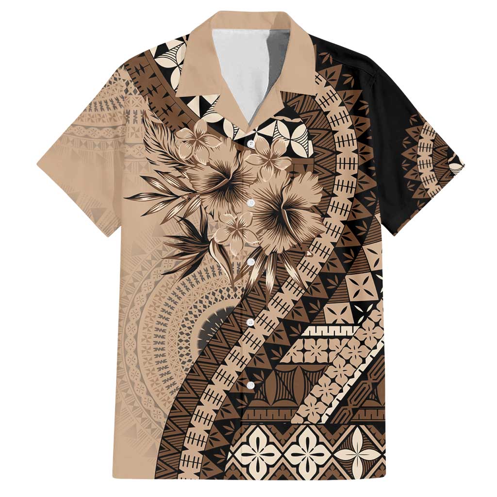 Bula Fiji Family Matching Long Sleeve Bodycon Dress and Hawaiian Shirt Mocha Brown Kaivity Masi Tapa LT7 Dad's Shirt - Short Sleeve Brown - Polynesian Pride