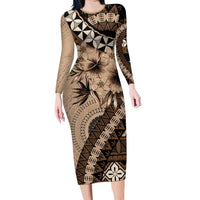 Bula Fiji Family Matching Long Sleeve Bodycon Dress and Hawaiian Shirt Mocha Brown Kaivity Masi Tapa LT7 Mom's Dress Brown - Polynesian Pride