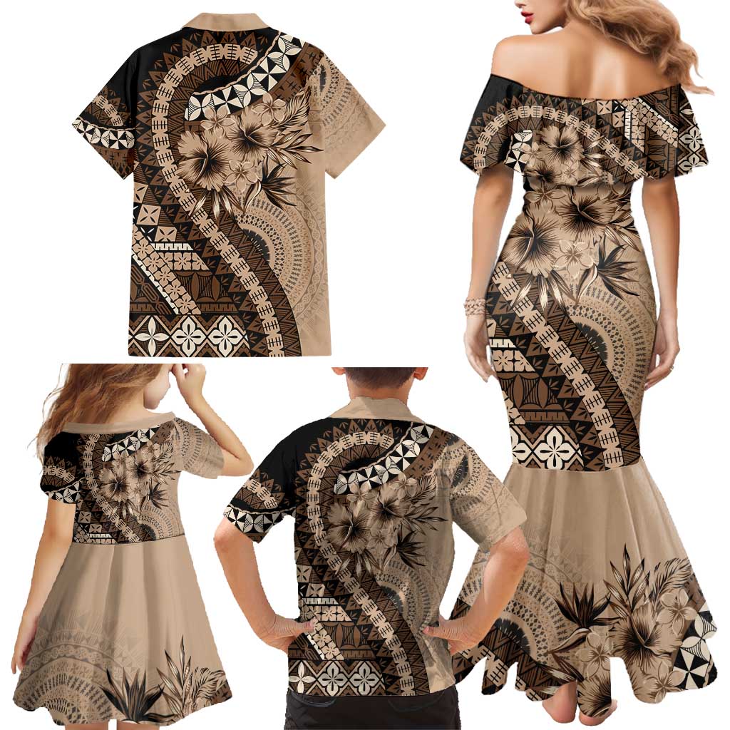 Bula Fiji Family Matching Mermaid Dress and Hawaiian Shirt Mocha Brown Kaivity Masi Tapa LT7 - Polynesian Pride