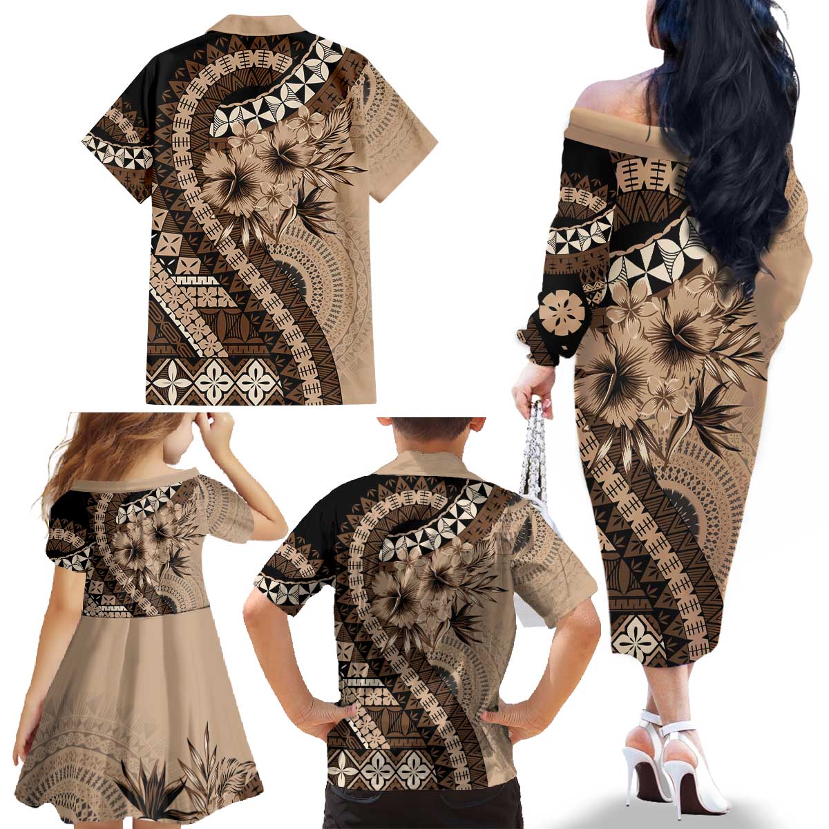 Bula Fiji Family Matching Off The Shoulder Long Sleeve Dress and Hawaiian Shirt Mocha Brown Kaivity Masi Tapa LT7 - Polynesian Pride