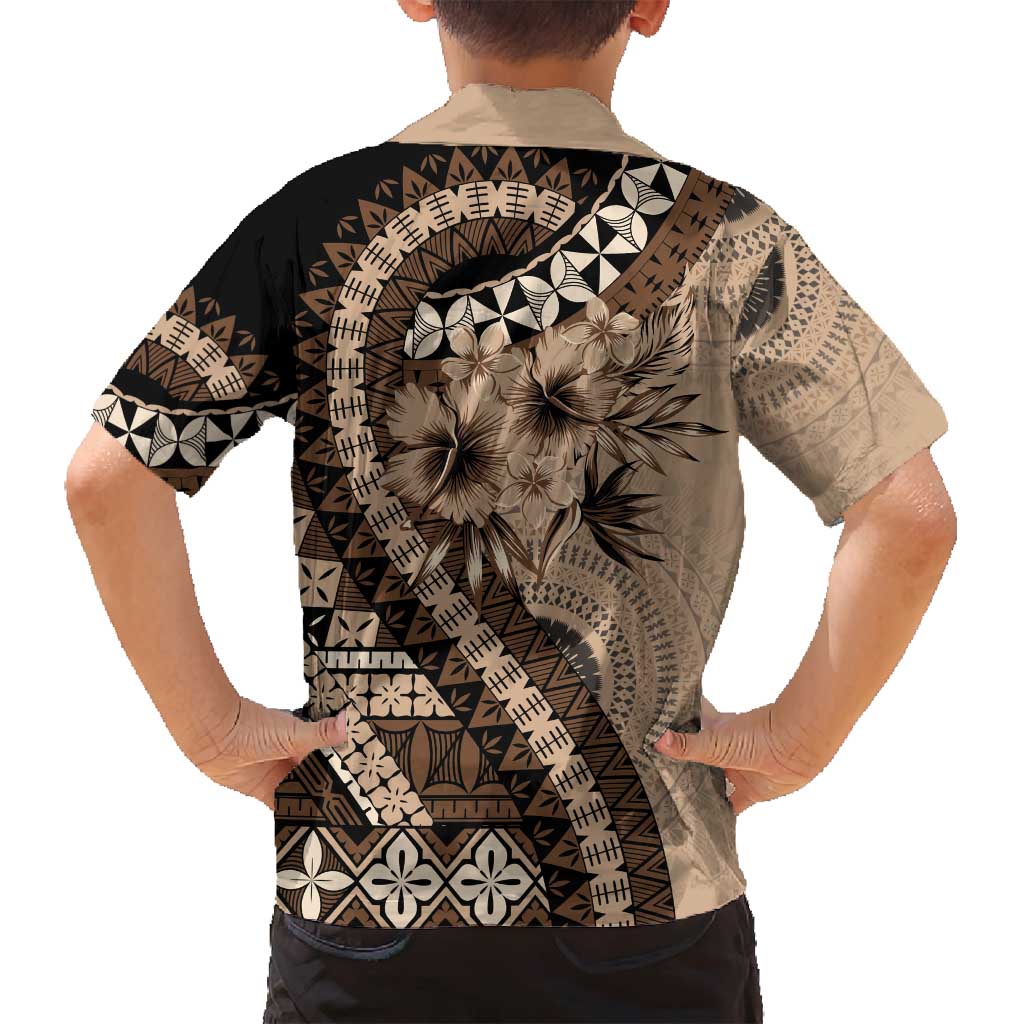 Bula Fiji Family Matching Off Shoulder Maxi Dress and Hawaiian Shirt Mocha Brown Kaivity Masi Tapa LT7 - Polynesian Pride