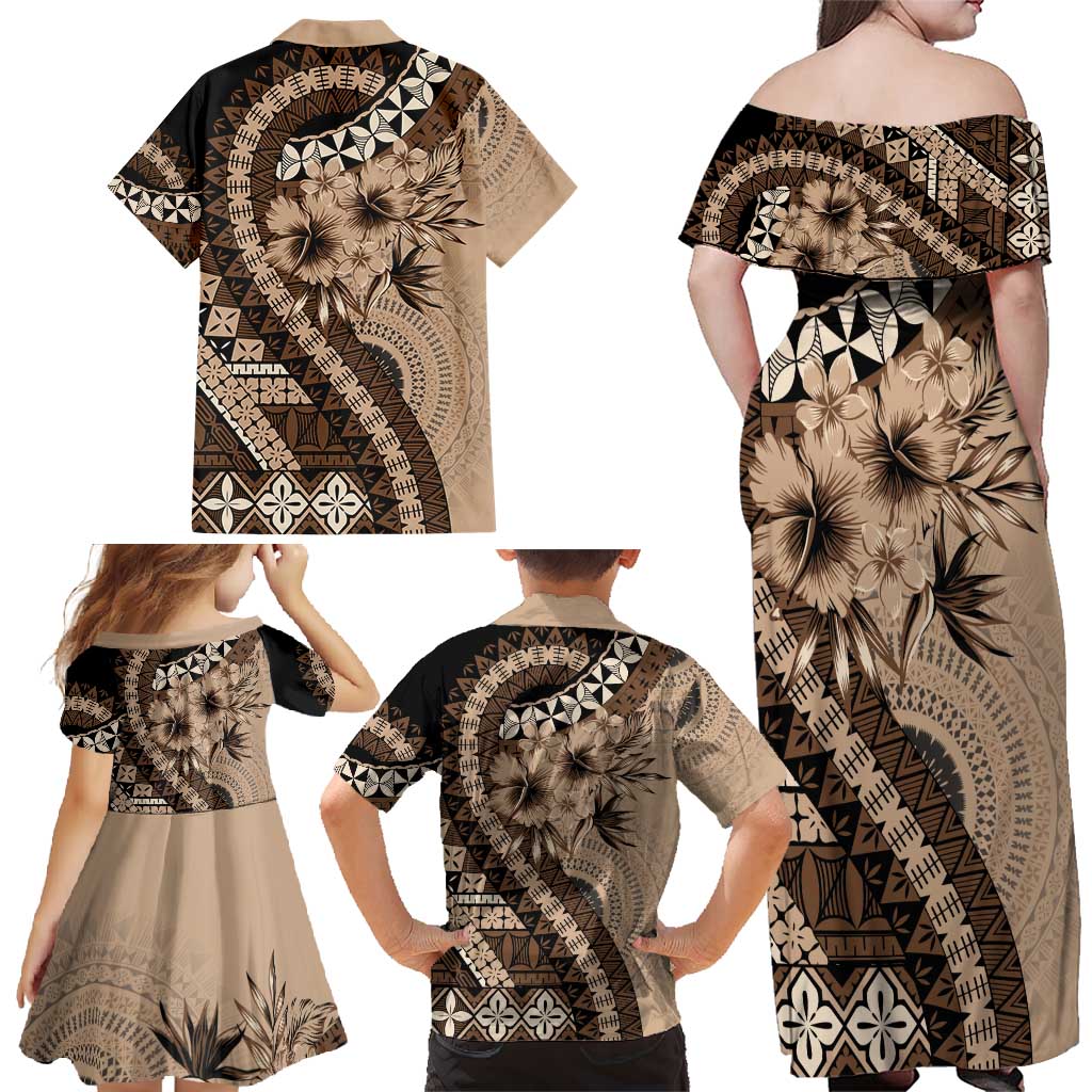 Bula Fiji Family Matching Off Shoulder Maxi Dress and Hawaiian Shirt Mocha Brown Kaivity Masi Tapa LT7 - Polynesian Pride