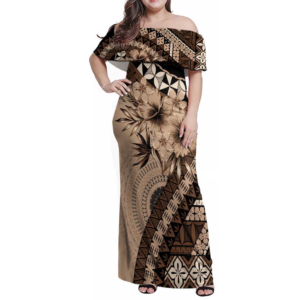 Bula Fiji Family Matching Off Shoulder Maxi Dress and Hawaiian Shirt Mocha Brown Kaivity Masi Tapa LT7 Mom's Dress Brown - Polynesian Pride