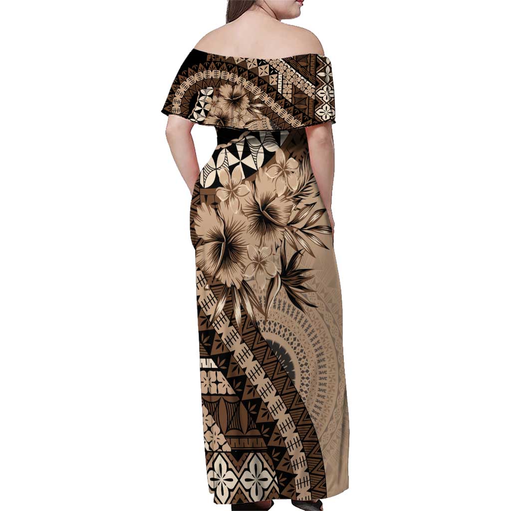Bula Fiji Family Matching Off Shoulder Maxi Dress and Hawaiian Shirt Mocha Brown Kaivity Masi Tapa LT7 - Polynesian Pride
