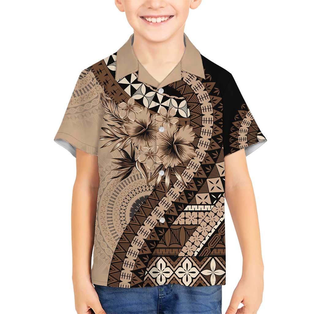 Bula Fiji Family Matching Off Shoulder Maxi Dress and Hawaiian Shirt Mocha Brown Kaivity Masi Tapa LT7 Son's Shirt Brown - Polynesian Pride
