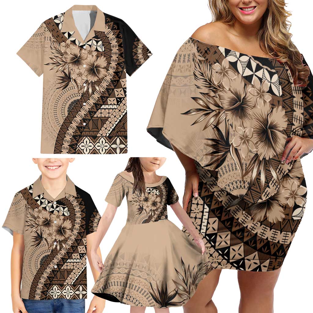 Bula Fiji Family Matching Off Shoulder Short Dress and Hawaiian Shirt Mocha Brown Kaivity Masi Tapa LT7 - Polynesian Pride