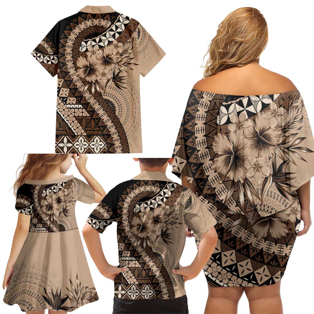 Bula Fiji Family Matching Off Shoulder Short Dress and Hawaiian Shirt Mocha Brown Kaivity Masi Tapa LT7 - Polynesian Pride