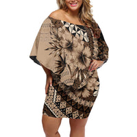 Bula Fiji Family Matching Off Shoulder Short Dress and Hawaiian Shirt Mocha Brown Kaivity Masi Tapa LT7 Mom's Dress Brown - Polynesian Pride