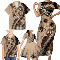 Bula Fiji Family Matching Short Sleeve Bodycon Dress and Hawaiian Shirt Mocha Brown Kaivity Masi Tapa LT7 - Polynesian Pride