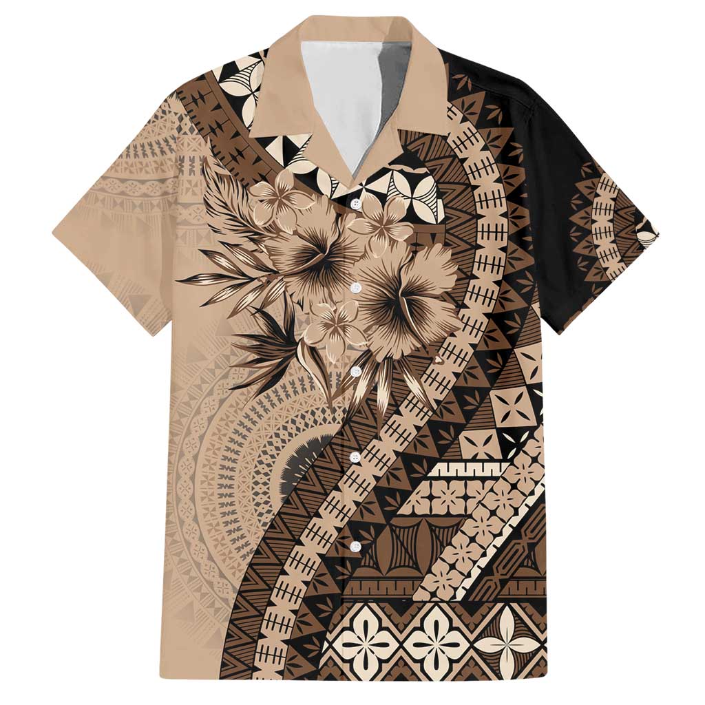 Bula Fiji Family Matching Short Sleeve Bodycon Dress and Hawaiian Shirt Mocha Brown Kaivity Masi Tapa LT7 Dad's Shirt - Short Sleeve Brown - Polynesian Pride