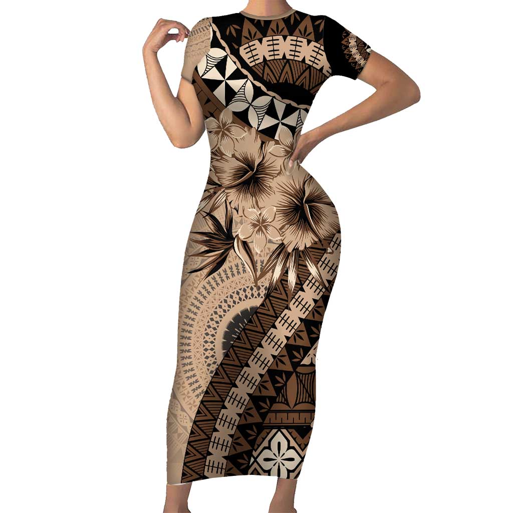 Bula Fiji Family Matching Short Sleeve Bodycon Dress and Hawaiian Shirt Mocha Brown Kaivity Masi Tapa LT7 Mom's Dress Brown - Polynesian Pride