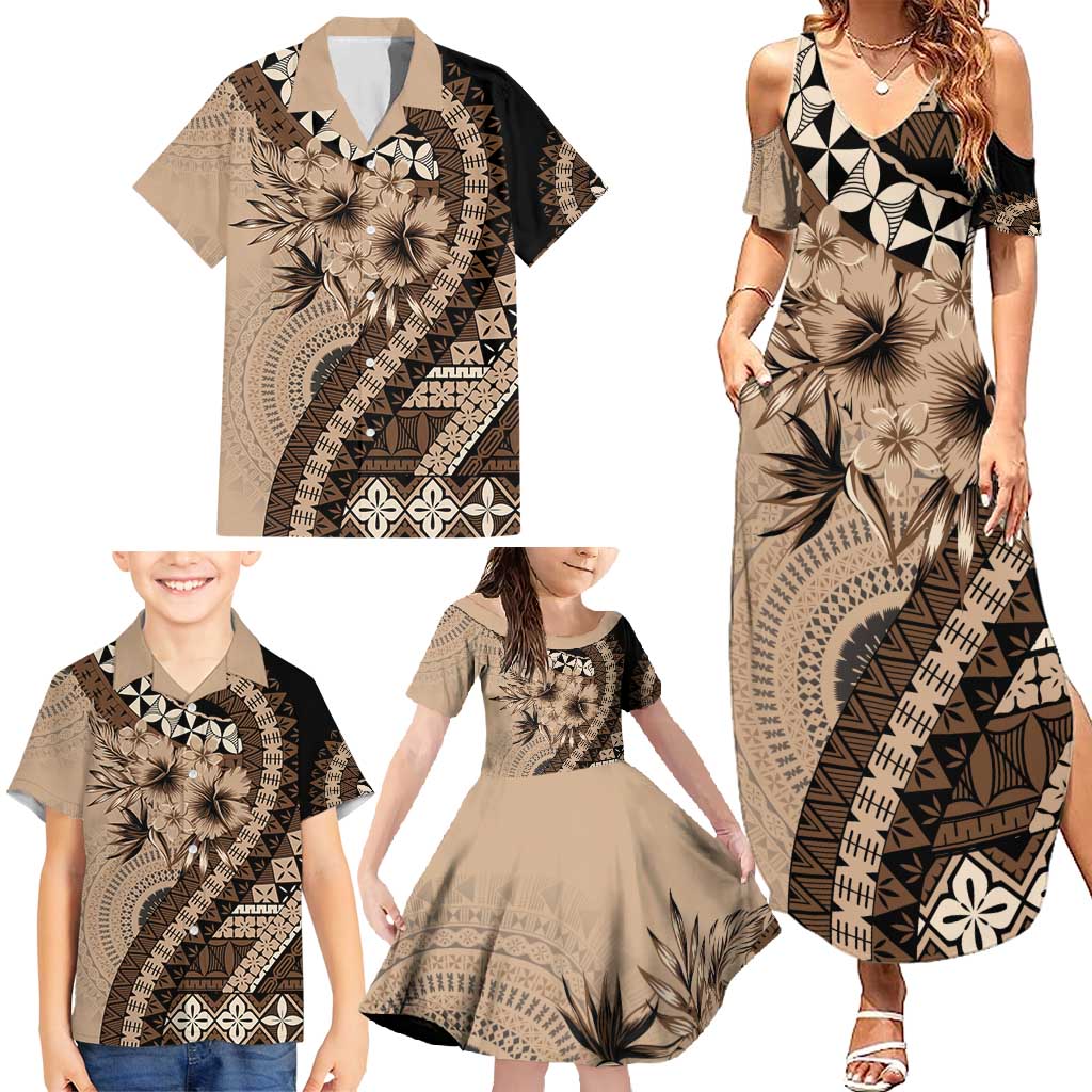 Bula Fiji Family Matching Summer Maxi Dress and Hawaiian Shirt Mocha Brown Kaivity Masi Tapa LT7 - Polynesian Pride