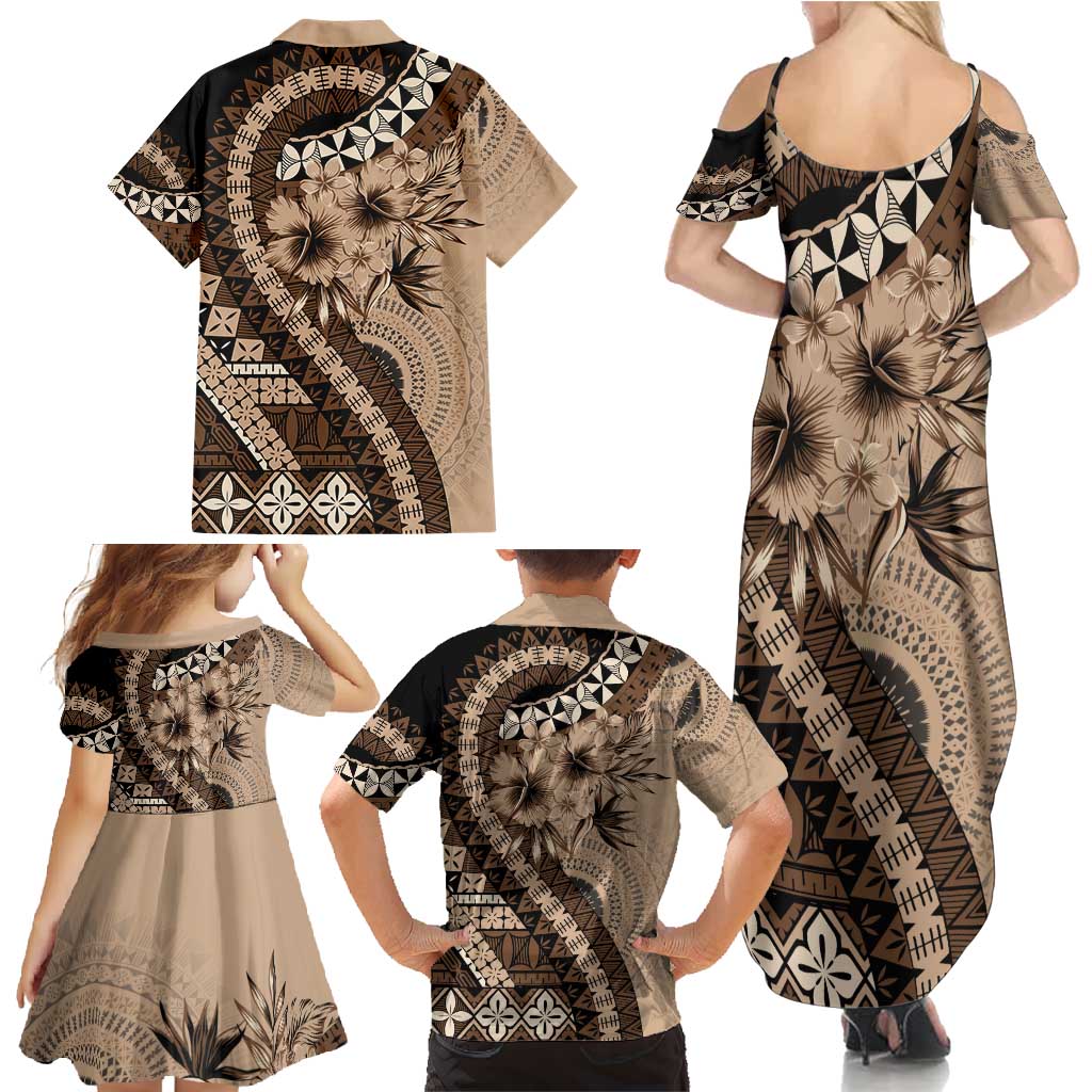 Bula Fiji Family Matching Summer Maxi Dress and Hawaiian Shirt Mocha Brown Kaivity Masi Tapa LT7 - Polynesian Pride