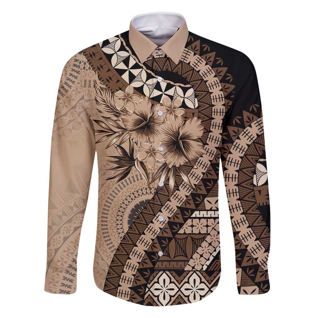 Bula Fiji Family Matching Summer Maxi Dress and Hawaiian Shirt Mocha Brown Kaivity Masi Tapa LT7 Dad's Shirt - Long Sleeve Brown - Polynesian Pride