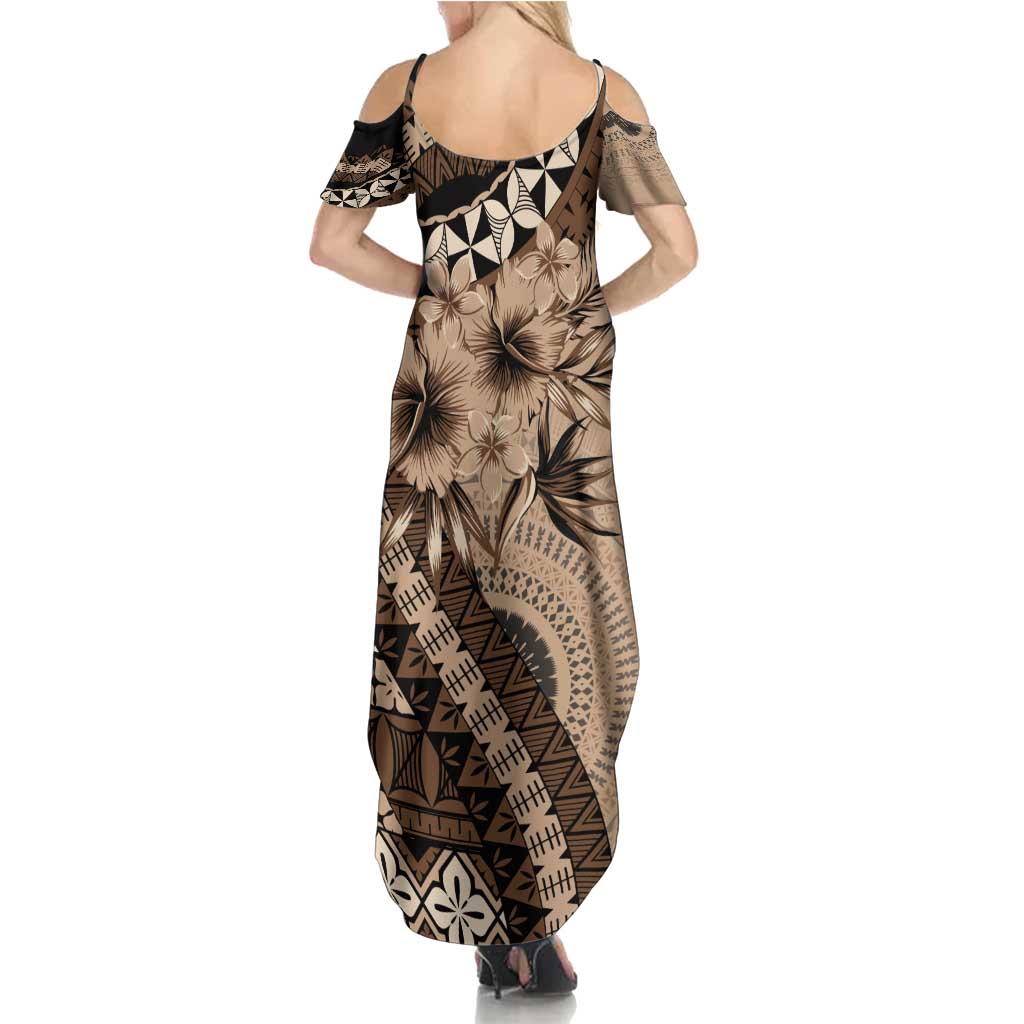 Bula Fiji Family Matching Summer Maxi Dress and Hawaiian Shirt Mocha Brown Kaivity Masi Tapa LT7 - Polynesian Pride