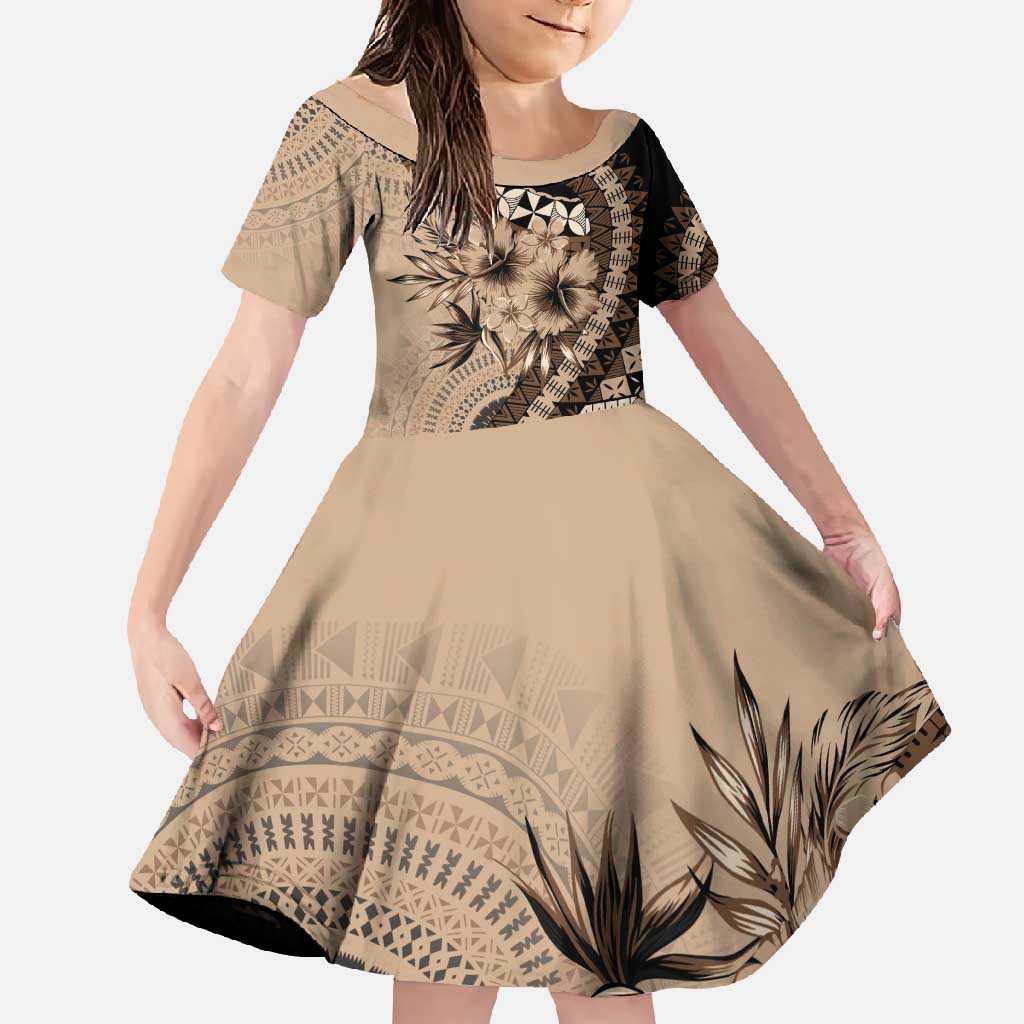 Bula Fiji Family Matching Tank Maxi Dress and Hawaiian Shirt Mocha Brown Kaivity Masi Tapa LT7 Daughter's Dress Brown - Polynesian Pride