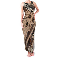 Bula Fiji Family Matching Tank Maxi Dress and Hawaiian Shirt Mocha Brown Kaivity Masi Tapa LT7 Mom's Dress Brown - Polynesian Pride