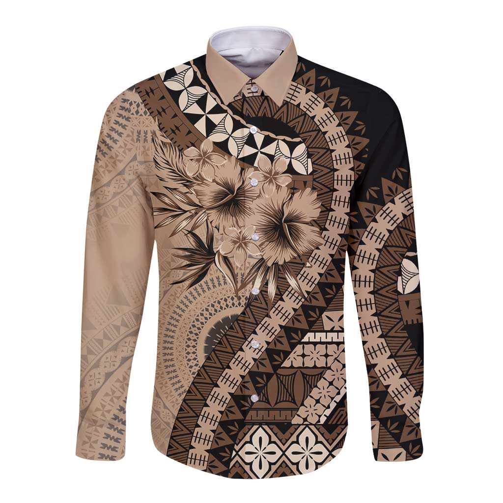 Bula Fiji Long Sleeve Button Shirt Mocha Brown Kaivity Masi Tapa