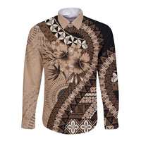 Bula Fiji Long Sleeve Button Shirt Mocha Brown Kaivity Masi Tapa