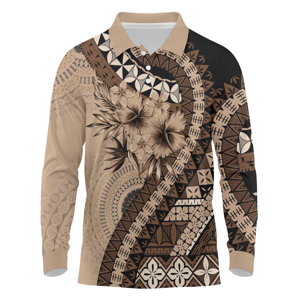 Bula Fiji Long Sleeve Polo Shirt Mocha Brown Kaivity Masi Tapa