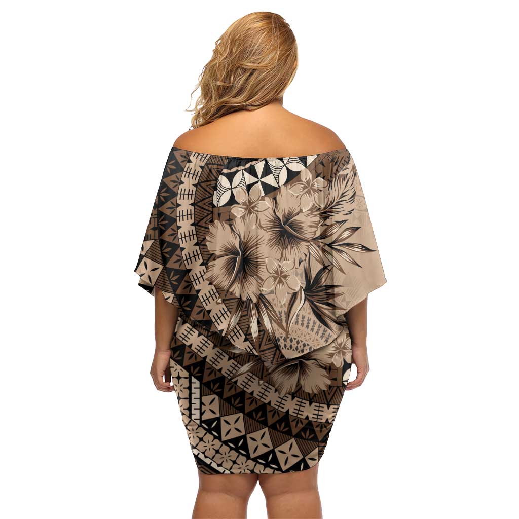 Bula Fiji Off Shoulder Short Dress Mocha Brown Kaivity Masi Tapa LT7 - Polynesian Pride
