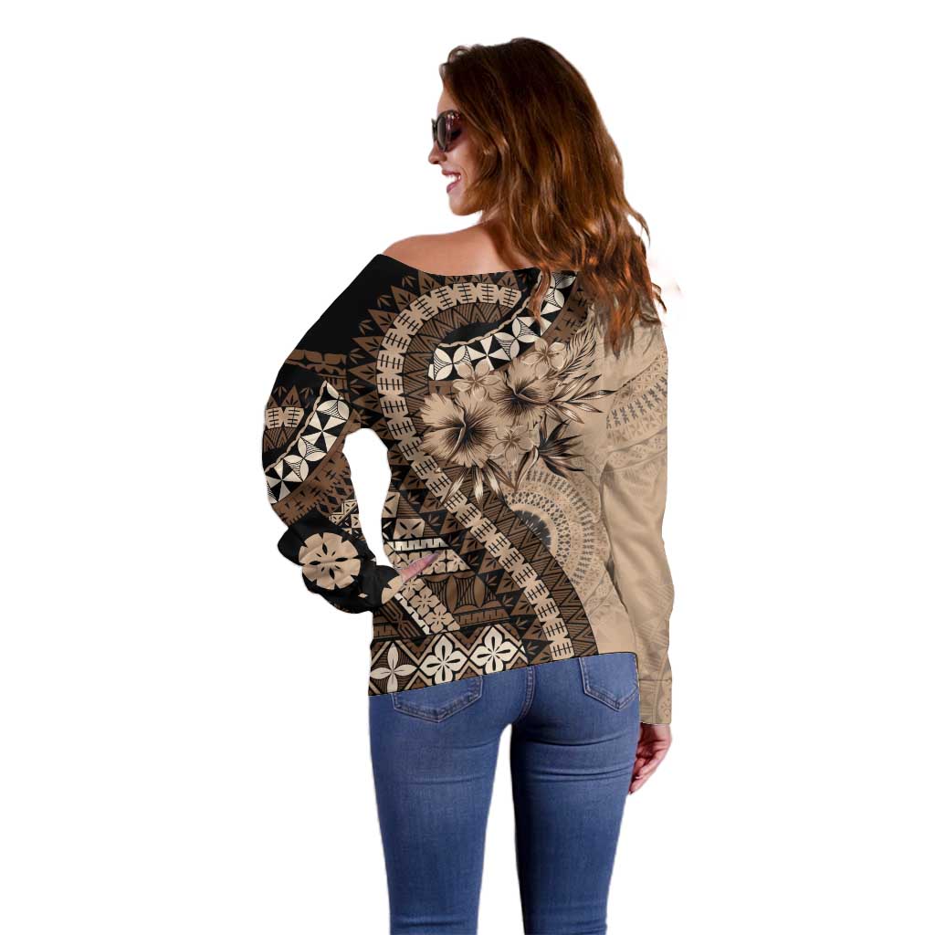 Bula Fiji Off Shoulder Sweater Mocha Brown Kaivity Masi Tapa