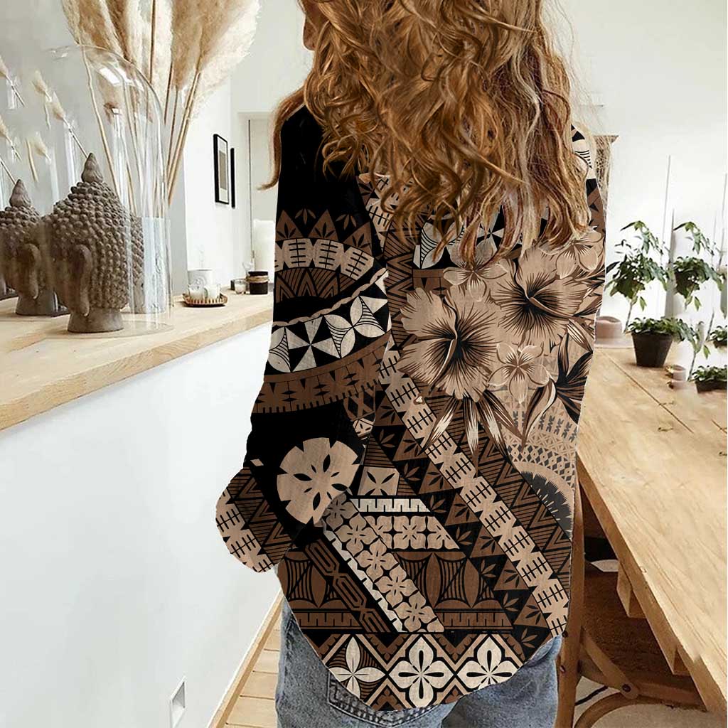 Bula Fiji Women Casual Shirt Mocha Brown Kaivity Masi Tapa