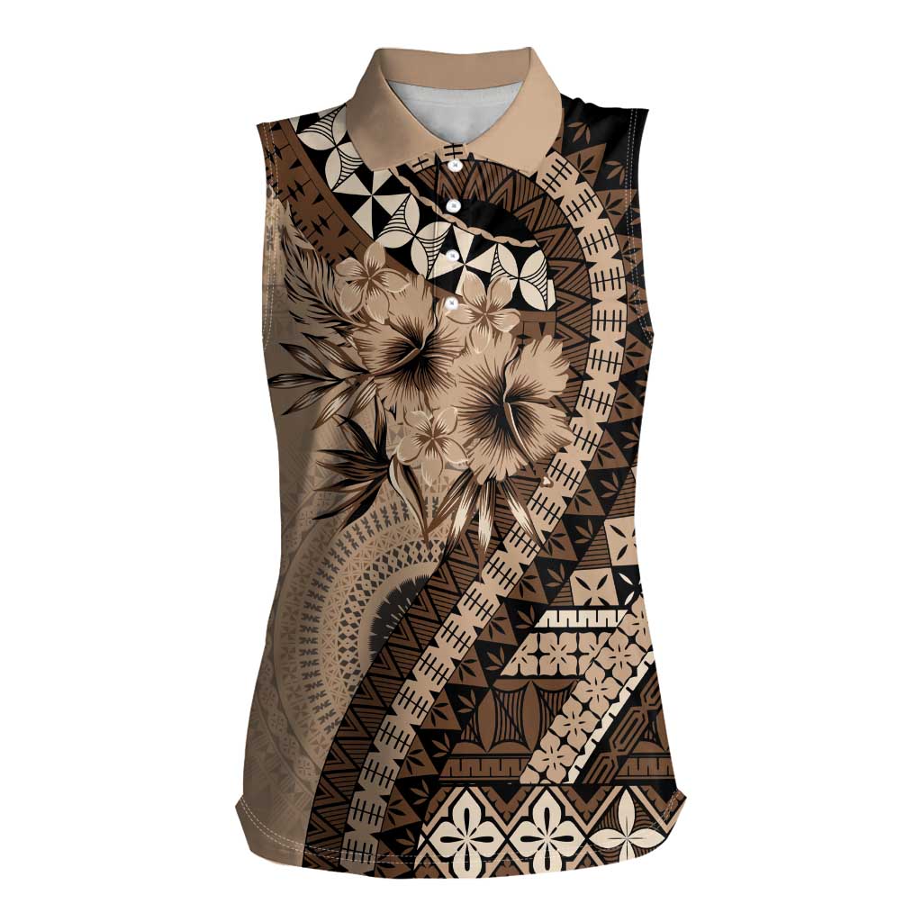 Bula Fiji Women Sleeveless Polo Shirt Mocha Brown Kaivity Masi Tapa
