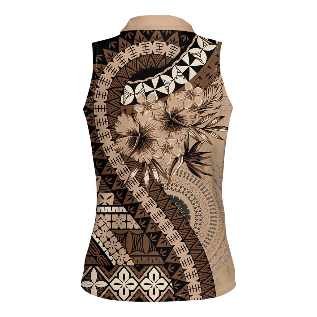 Bula Fiji Women Sleeveless Polo Shirt Mocha Brown Kaivity Masi Tapa