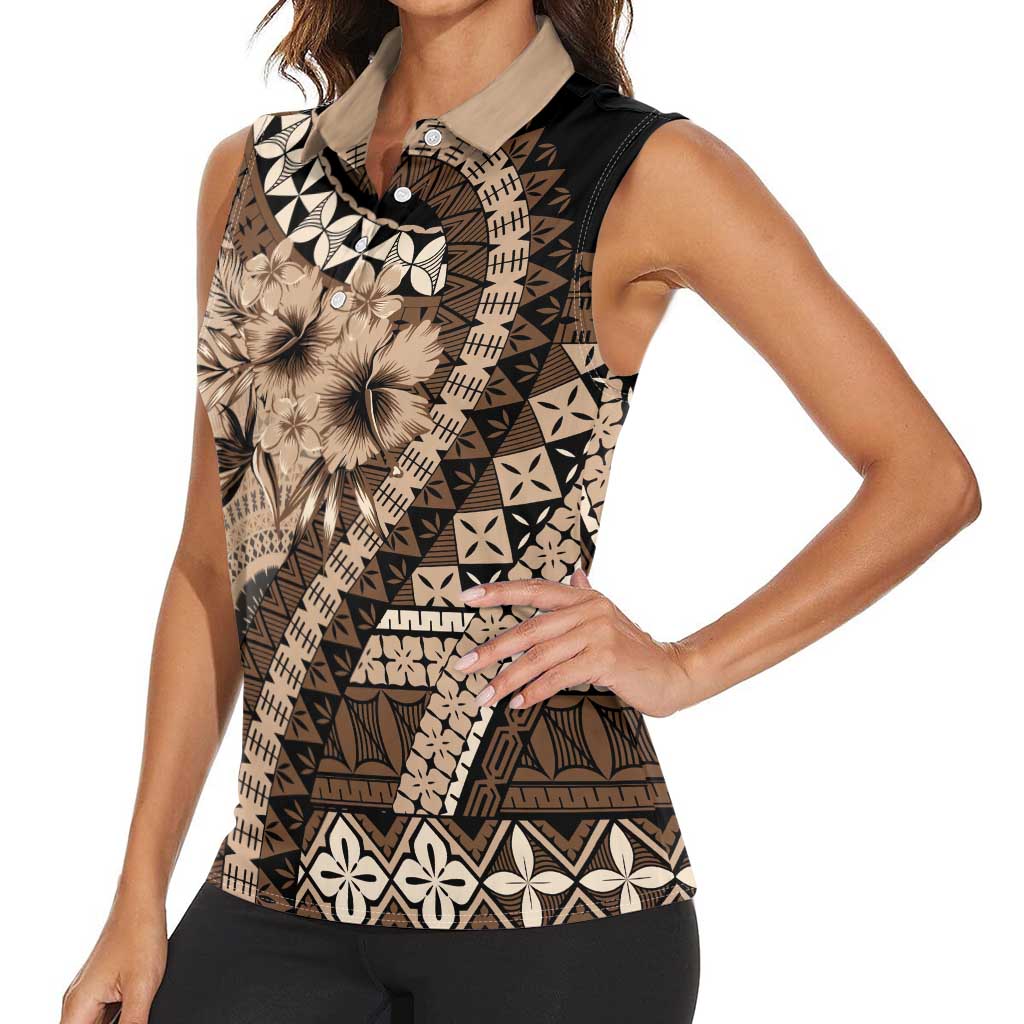 Bula Fiji Women Sleeveless Polo Shirt Mocha Brown Kaivity Masi Tapa