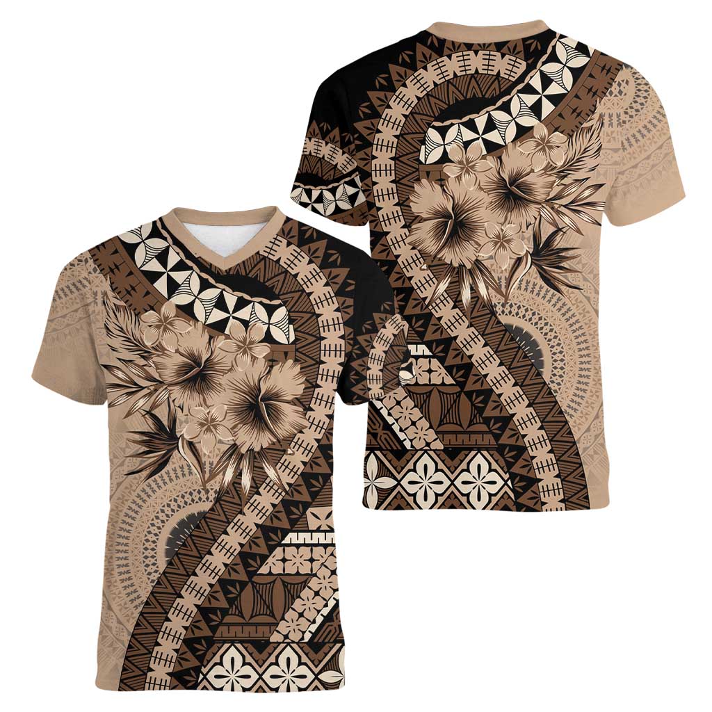 Bula Fiji Women V-Neck T-Shirt Mocha Brown Kaivity Masi Tapa