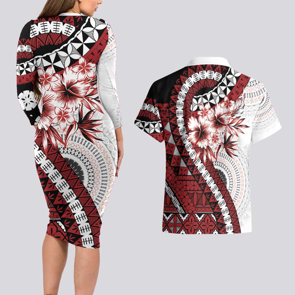 Bula Fiji Couples Matching Long Sleeve Bodycon Dress and Hawaiian Shirt White Kaivity Masi Tapa